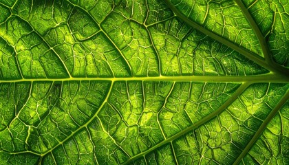 Extreme close-up macro photograph of a vibrant green leaf's intricate vein structure illuminated by backlighting.