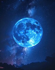 Fototapeta premium A brilliant blue moon glows intensely against a starry night sky above dark clouds.