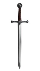 A classic medieval knight's sword with a leather-wrapped hilt isolated on white.