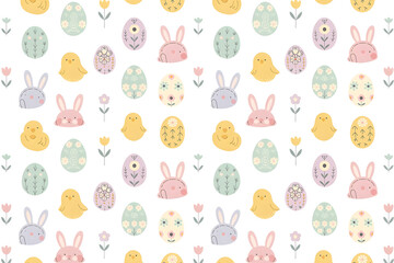 Seamless pattern with cute hand drawn easter eggs and bunny rabbit shapes on white