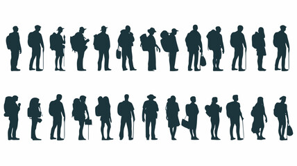 Diverse group of hikers and travelers depicted as dark silhouettes standing in two rows against a white background
