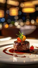 Perfectly cooked filet mignon garnished with rosemary and roasted tomatoes in a fine dining setting.