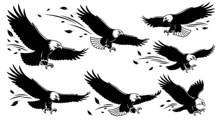 Obraz premium Bald Eagles Flying in Formation Silhouette.