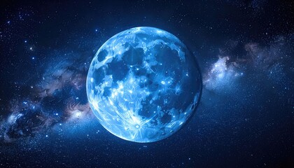 Obraz premium A vivid, glowing blue moon hangs suspended in the deep, star-filled expanse of the cosmos.