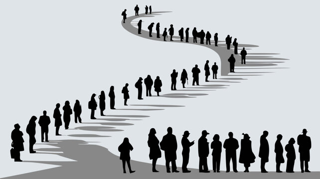 Diverse group of people in silhouette form a long winding queue waiting patiently in a line on a light gray background