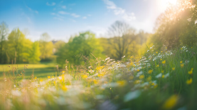 Sunlit meadow with wildflowers and trees on a clear day