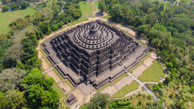Aerial Drone View of Borobudur Temple UNESCO Heritage Site in Indonesia. Majestic Ancient Buddhist Temple Architecture of Borobudur from Above