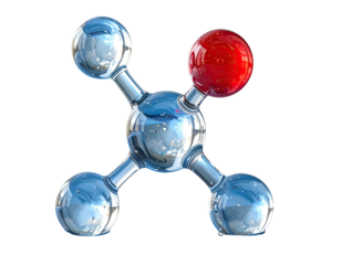 Rendered molecule with glassy spheres and connecting tubes, black background