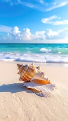 A striking conch shell rests on pristine white sand beside turquoise ocean waves under a bright blue sky.