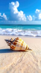 A detailed close-up of a conch seashell resting on sunlit, light-colored sand at the edge of a vibrant turquoise ocean under a bright blue sky with white clouds.