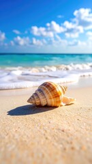 A solitary striped conch shell rests on sunlit golden sand as gentle ocean waves approach.