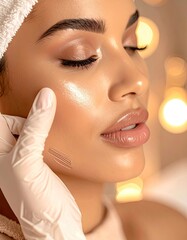 A close-up of a woman receiving a glowing facial treatment with a gloved hand applying product.