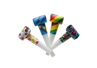Three vibrant party noisemakers with polka dot, stripe, and geometric designs suspended on a transparent background, energetic celebration concept