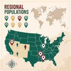 Regional population comparison infographic with map markers and icon‑based statistics
