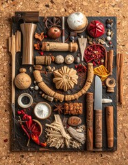 An overhead view of assorted natural ingredients and wooden tools arranged artfully on a dark slate.