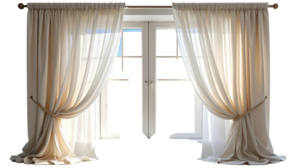Elegant window with beige curtains, sunlight, and a view