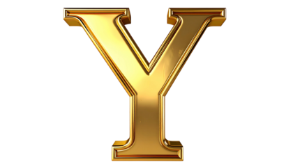 A 3D rendered, shiny gold letter "Y" against a stark black background. The metallic typography has beveling, giving depth and a reflective quality