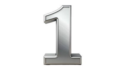A 3D rendered silver metallic number one, set against a stark black background. It appears shiny, with edge highlights