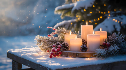 Warm glowing candles illuminate a snowy winter scene with festive lights in the background.