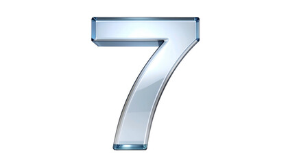 A 3D silver-colored, stylized numeral "7" rendered against a stark black backdrop. The number has a glassy, reflective surface