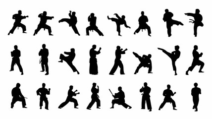 Collection of black martial arts silhouettes in various dynamic poses and stances on a white background