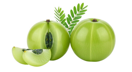 Fresh Indian gooseberries, amla, with slices and leaves on a transparent background