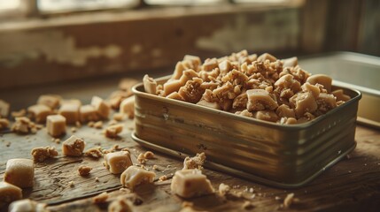 National Buttercrunch Day: Antique decorative tin filled with homemade buttercrunch candy, pieces spilling out onto vintage wooden table, soft diffused natural light, nostalgic warm color grading