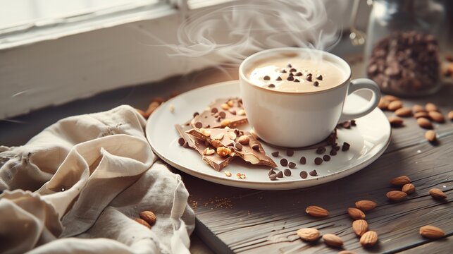 National Buttercrunch Day: Cozy lifestyle flatlay with buttercrunch toffee pieces on white ceramic plate, steaming cup of coffee, linen napkin, scattered almonds and chocolate chips