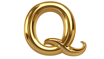 A 3D render of the letter "Q," gold in color, with elegant curves and a glossy finish, set against a transparent black background