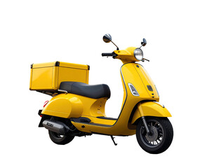 Obraz premium Bright yellow scooter with delivery box isolated on transparent background