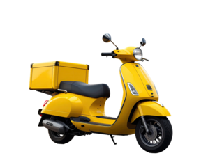 Bright yellow scooter with delivery box isolated on transparent background