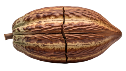 Cacao pod with cracks and brown spots isolated on a transparent background fruit tropical