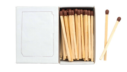 A close-up, high-angle shot reveals a box of wooden matches. Several sticks are positioned outside. The tips are brown