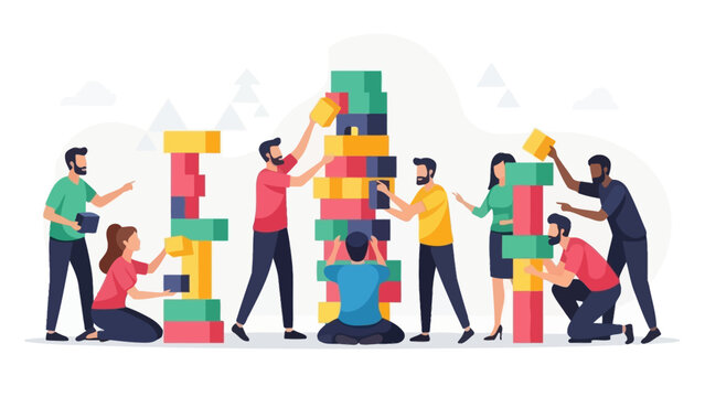 team of diverse individuals collaboratively building towering block structures for creative