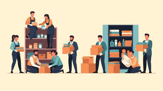 Team of diverse individuals organizing and packing supplies for efficient storage or distribution - Powered by Adobe