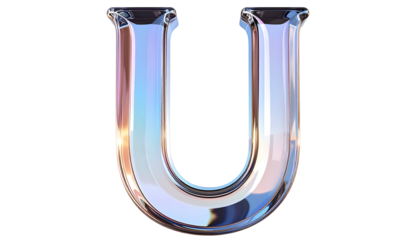 A 3D rendered, glossy letter "U" with a translucent, iridescent effect, appearing on a black background