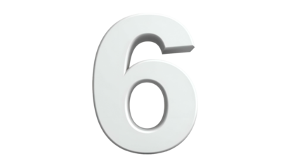 A 3D rendered white digit six against a transparent background, simple and clear for visual communication