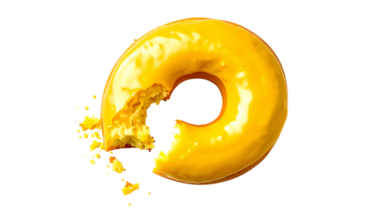 A close-up shot of a bright yellow glazed donut with a portion bitten out, showing the soft interior. Set against a dark background