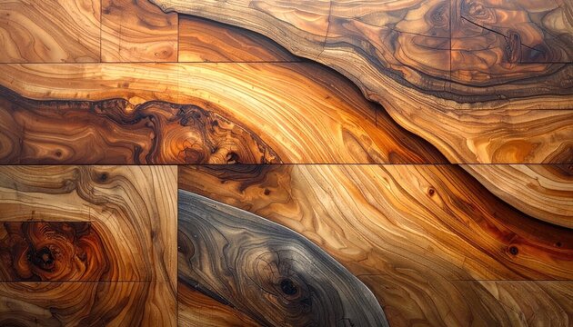 Abstract composition of richly patterned, highly polished wood grain panels.