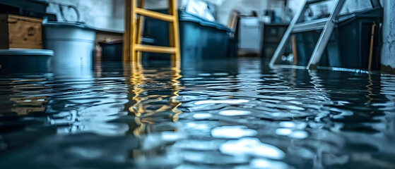 Water fills basement, ladder, items.