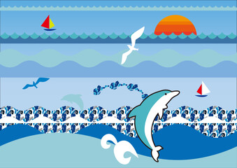 海のデザイン素材　イルカとヨット