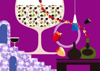 地下の部屋  苺のパターンとお酒のボトル