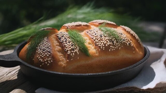 Freshly baked bread with sesame seeds and herbs in a cast iron pan on a wooden table outdoors