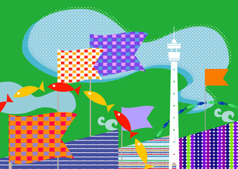 海のイラスト 旗と魚 シンプルな灯台