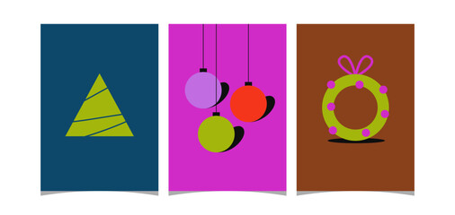 Set of Three Minimalist Christmas Cards with Abstract Geometric Tree, Hanging Ornaments, and Festive Wreath in Bold Flat Design Colors.