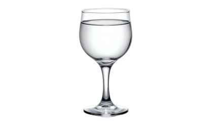 A close-up shot of a wine glass filled with clear, transparent liquid against a stark black background. The glass is elegant