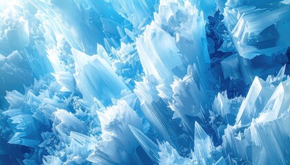 An extreme close-up view of sharp, crystalline ice formations bathed in bright blue light.