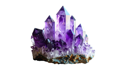 Cluster of vibrant purple crystals against a stark black backdrop