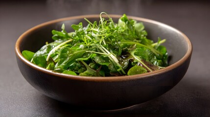 A fresh healthy mixed green salad served in a dark bowl with a hint of steam