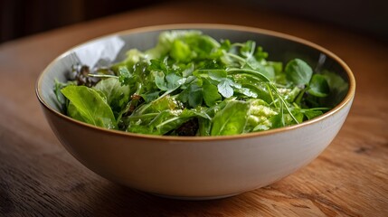 A vibrant fresh salad with mixed greens and herbs in a ceramic bowl on a wooden table